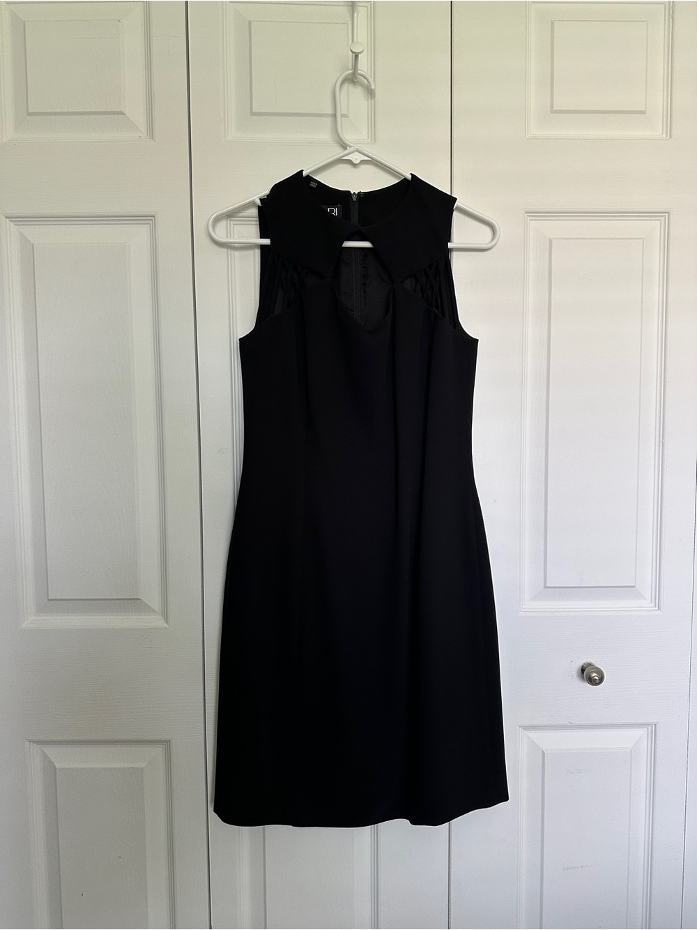 Tahari Black Sleeveless Midi Dress with Signature Collar